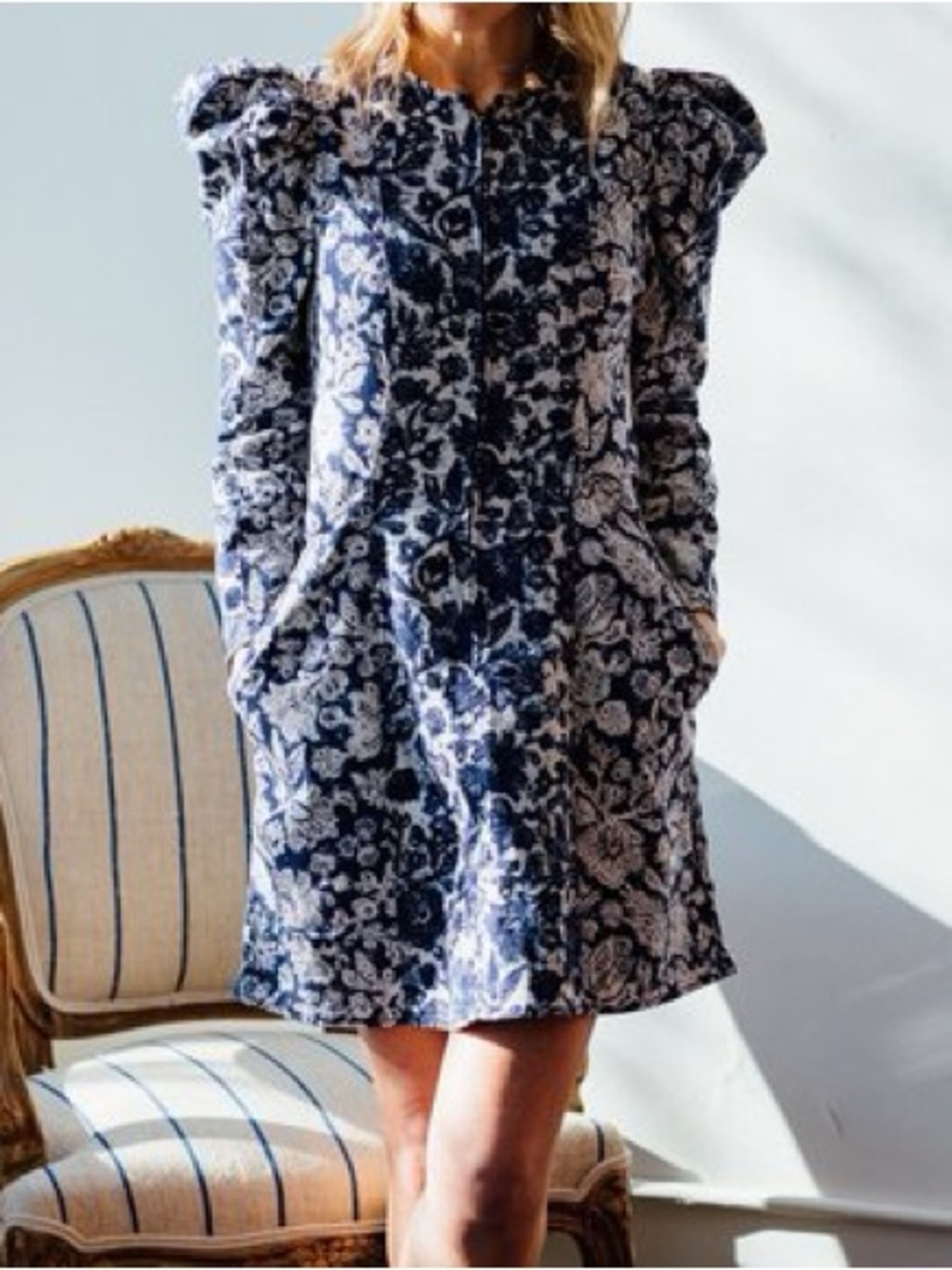 Ulla Johnson wren puff sleeve denim dress blue floral patch size 2